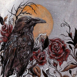 Gothic Raven and Roses Square Art Print, Raven Painting, Roses Illustration, Gothic Wall Art, Botanical Illustration, Dark Fantasy Art