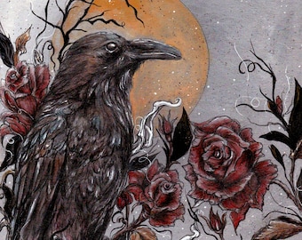 Gothic Raven and Roses Square Art Print (10x10), Dark Fantasy Illustration
