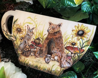 Woodburned Forest Animals Picnic on Wood, Forest Animals Painting, Woodland Animals Art, Tea Cup Painting, Tea Party Painting