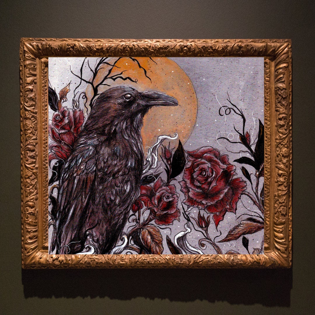 Gothic Raven and Roses Square Art Print, Raven Painting, Roses ...