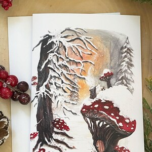 Carte d'hiver champignon, carte de voeux champignon, carte d'art champignon, carte champignon, champignon enneigé