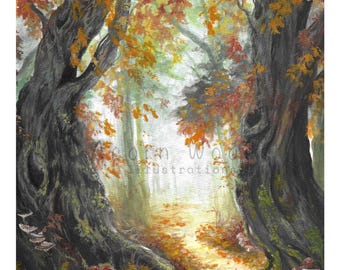 Autumn Magical Woods Print (8.5x11), Fall Forest Illustration, Autumnal Trees Print