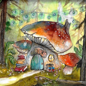 10x10 Bookstore Cottage Print, Booklover Art Print, Fairy House Art Print, Bookstore Illustration, Mushroom House Print, Book Lover Art