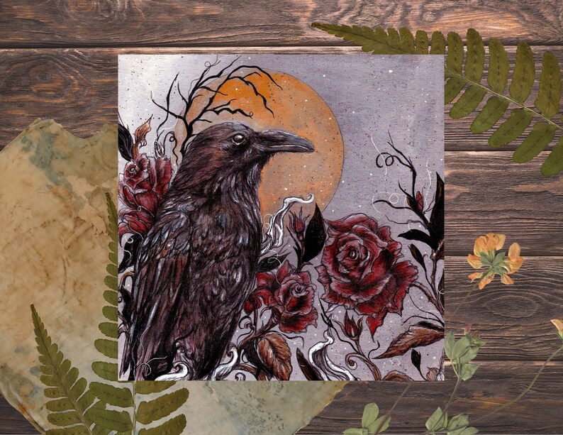 Gothic Raven and Roses Square Art Print, Raven Painting, Roses ...