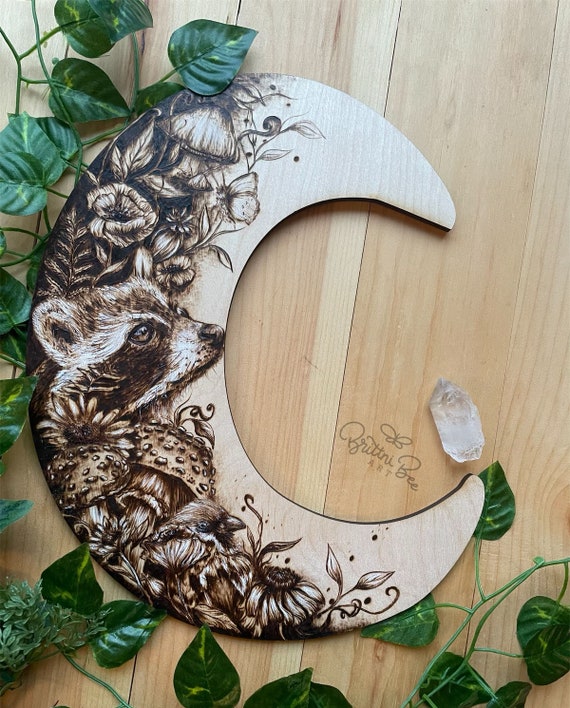Woodland Forest Raccoon Crescent Moon Wall Hanger, Raccoon and Mushroom Art, Woodburned Raccoon, Woodburned Wall Hanger, Woodburned Art