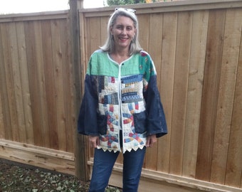 Antique Quilt Patchwork Jacket: Handmade Sustainable Coat (Size L)