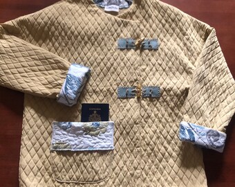 Vintage Quilt Jacket: Mustard Patchwork, Hand-Stitched Leather Toggle, S/M