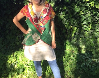 Gilet trapuntato Kantha reversibile: giacca patchwork antica