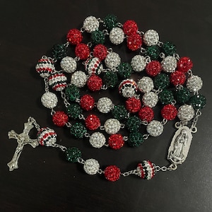 Handmade Glam Rosary- Our Lady of Guadalupe/Virgen de Guadalupe Rosary Crystal-covered beads, Red White and Green, Tri-Color Mexican Rosary