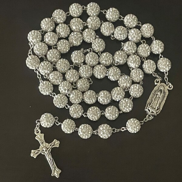 Homemade White Glam Rhinestone Rosary- First communions, Bridal Rosary, Baptism Rosary