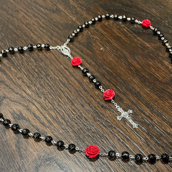 Handmade Modern Catholic Rosary- Black with Red Rose Beads