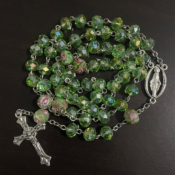 Green with pink flowers Catholic Rosary