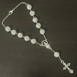 Handmade White Rhinestone Glam Car Rosary