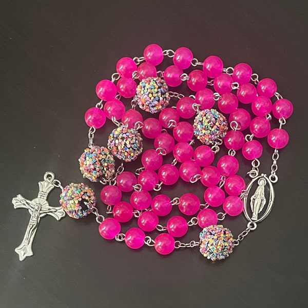 Handmade Glam Rosary- Hot Pink and Confetti Beads