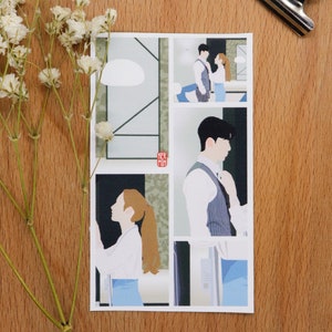 May include: A white card with a collage of four illustrations of people. The top left illustration shows a room with a window and a ceiling light. The top right illustration shows a man and a woman standing in a room. The bottom left illustration shows a woman standing in a room. The bottom right illustration shows a man standing in a room. The card has the text "KER MUN" in red.