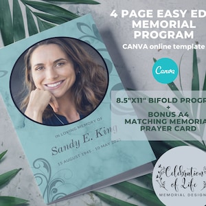 May include: A 4-page easy-edit memorial program template in Canva. The template features a blue and white floral design with a photo of a woman. The text "In loving memory of Sandy E. King 15 August 1945 - 10 May 2025" is printed on the front cover. The template also includes a bonus A4 matching memorial prayer card.
