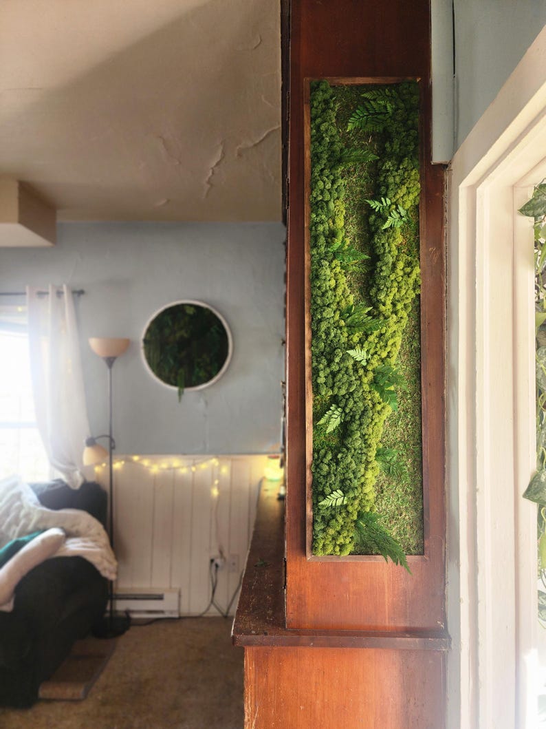 May include: A wooden frame with a preserved moss and fern wall art piece. The frame is mounted on a wooden cabinet.