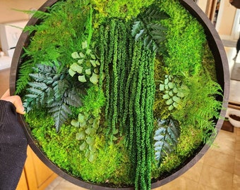 Real moss art wall hanging| gift plants | preserved natural home decor | circular frame ferns | circle green indoor jungle | Boho Wall Art