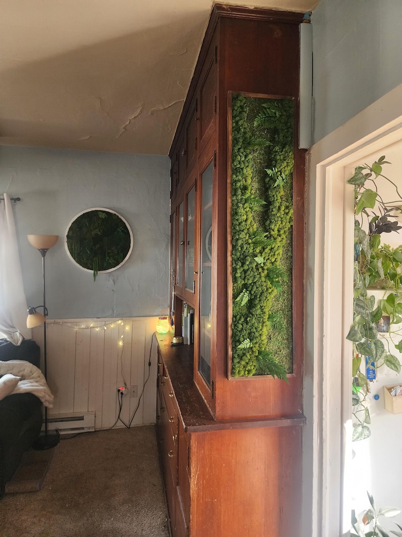 May include: A vintage wooden cabinet with glass doors and a green moss wall art installation. The cabinet has a light wood finish and is decorated with a string of lights. The moss wall art is in a rectangular frame and is made of various shades of green.