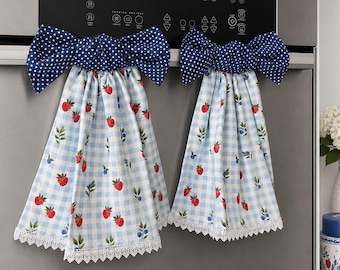 Strawberry and Blueberry Gingham Kitchen Towel with Tie-On Bow and Lace Trim | Hanging Oven Door Towel | Floral Farmhouse Cottage Decor
