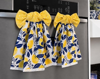 Lemon Yellow and Blue Botanical Kitchen Towel with Tie-On Bow | Hanging Oven Door Towel | Mediterranean Print |  Lace Trim | Summer Decor