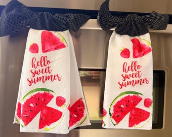 Summertime Watermelon Oven Door Handle Kitchen Towels: Tie On Fruit Decor "Hello Sweet Summer"