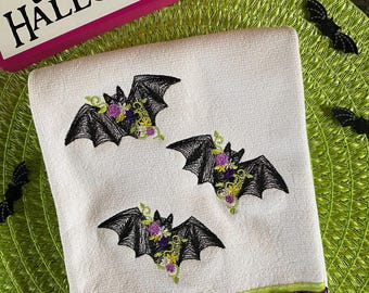 Gothic Chic Halloween Kitchen Towel | Whimsical Bats Kitchen Decor | Vintage Style Embroidery