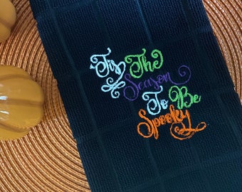 Black Halloween Kitchen Towel |Spooky Season Decor | Embroidered Scroll Design | Green and Purple | Gothic Chic