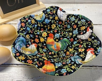 Rooster Microwave Bowl Cozy: Quilted Cotton, Flower Petal Design