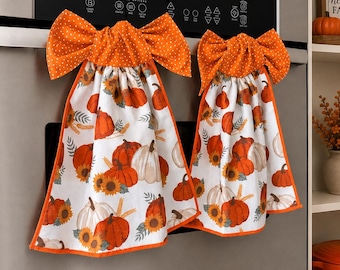 Fall Pumpkin Kitchen Towel with Bow | Tie-On Oven Door |  Autumn Farmhouse Decor | Thanksgiving Hostess Gift