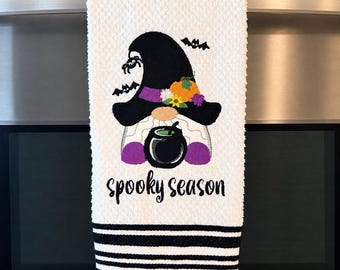 Halloween Gnome Kitchen Towel | Whimsical Gothic | Embroidered Spooky Season Holiday Decor