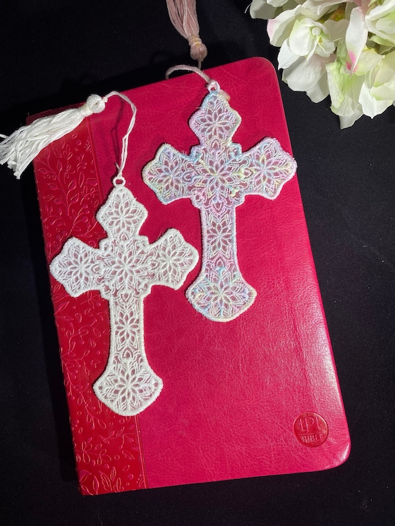 Embroidered Lace Cross Bookmark: First Communion, Bridal, Wedding
