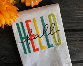 Hello Fall Kitchen Towel | Embroidered Autumn Tea Towel | Retro Fall Decor