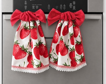 Strawberries, Gingham & Lace Bow Tie-on Oven Door Handle Kitchen Towels: Summer Fruit Decor strawberry, lemon