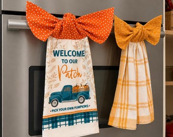 Little Blue Truck Tie-on Oven Door Handle Kitchen Towel | Pumpkin Patch | Polka-dot Bow | Farmhouse Welcome Autumn Decor