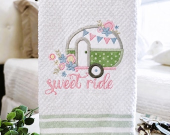 Retro Camper Kitchen Towel: Sweet Ride Green and Pink RV Decor