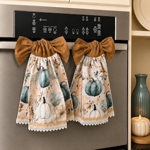 Fall Teal Pumpkin Kitchen Towel with Tie-On Bow | Hanging Oven Door Towel | Autumn Farmhouse Neutral Decor | Handmade