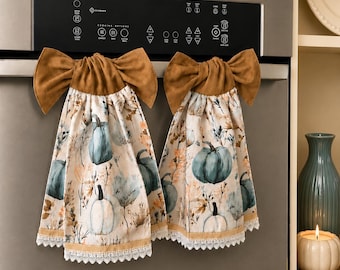 Fall Teal Pumpkin Kitchen Towel with Tie-On Bow | Hanging Oven Door Towel | Autumn Farmhouse Neutral Decor | Handmade