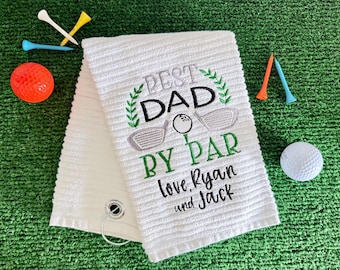 Broderad golfhandduk med motivet "Bästa pappa med par", personlig present till fars dag-golfaren