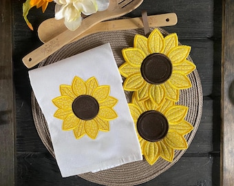 Sunflower Kitchen Decor: Towel, Potholder and Trivet   Embroidered and Appliqué Coordinating Summer or Fall Gift Set   Candle Mat