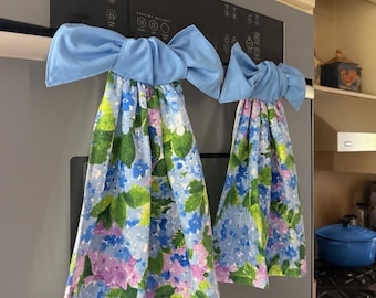 Blue Hydrangea Kitchen Towel with Tie-On Bow | Hanging Oven Door Towel | Floral Farmhouse Cottage Kitchen Decor