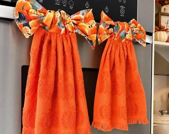 Orange Pumpkin Kitchen Towel with Tie-On Bow | Hanging Oven Door Towel | Autumn Farmhouse Decor | Fall Hand Towel | Handmade