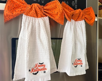 Halloween Kitchen Towel with Bow | Tie-On Oven Door Style | Handmade