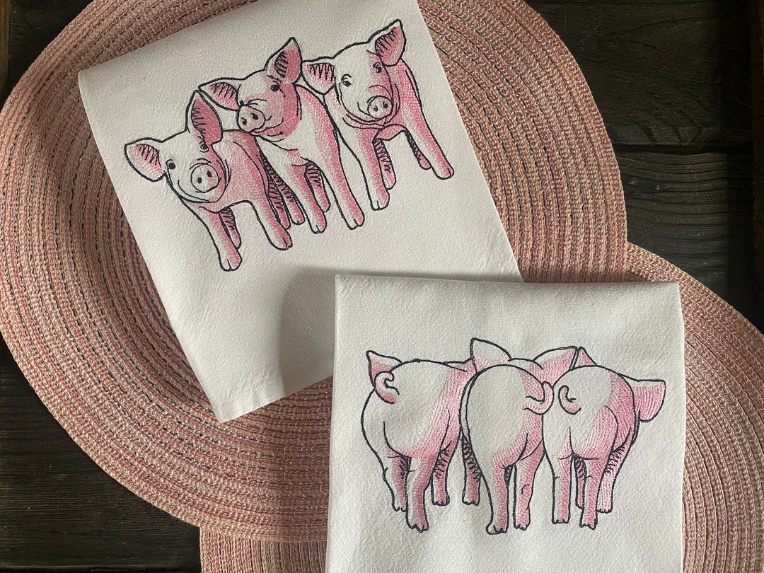 Farmhouse Kitchen Towel Pig Towels Machine Embroidered Design Pig Butts