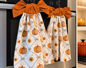 Pumpkin Kitchen Towel with Bow | Tie-On Oven Door | Neutral Fall Colors | Autumn Farmhouse Decor | Thanksgiving Hostess Gift