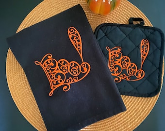 Halloween Kitchen Towel | Black and Orange Embroidered Boo! Design | Matching Pot Holder | Spooky Season Gothic Decor