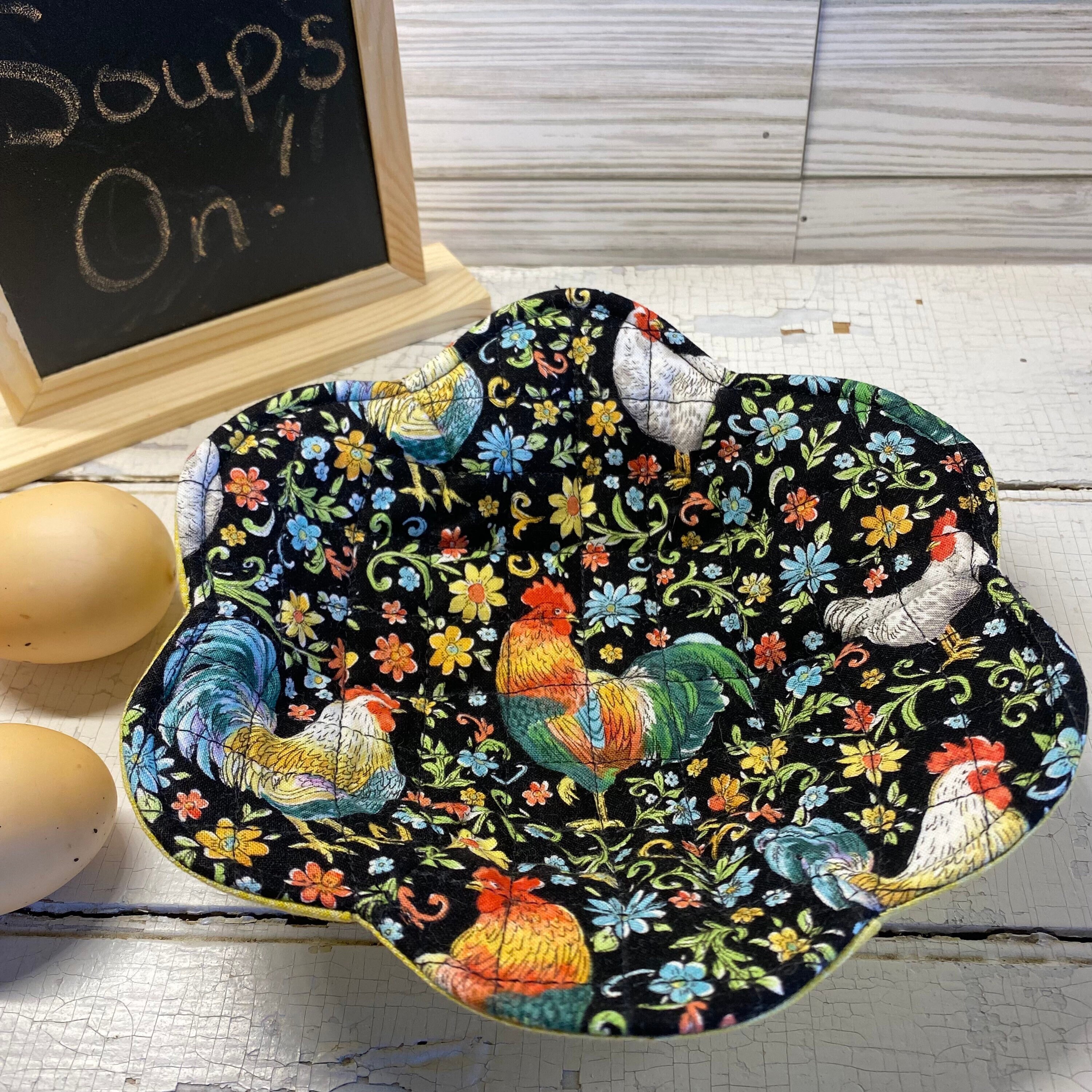 Rooster Microwave Bowl Cozy: Quilted Cotton, Flower Petal Design