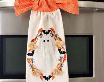 Halloween Ghost Kitchen Towel | Fall Hand Towel with Orange Gingham Bow | Handmade Halloween Decor