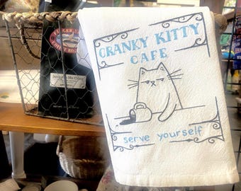 Cranky Kitty Cafe Tea Towel: Embroidered Cat Kitchen Decor