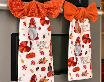 Fall Gnome Kitchen Towel with Orange Bow |  Thanksgiving Tie-On Hanging Towel for Oven Door | Pumpkin Kitchen Decor | Whimsical Autumn Decor